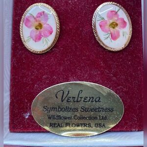 Verbena Earrings Real Pink Wildflower Oval Gold Tone Trim Clip On .75”